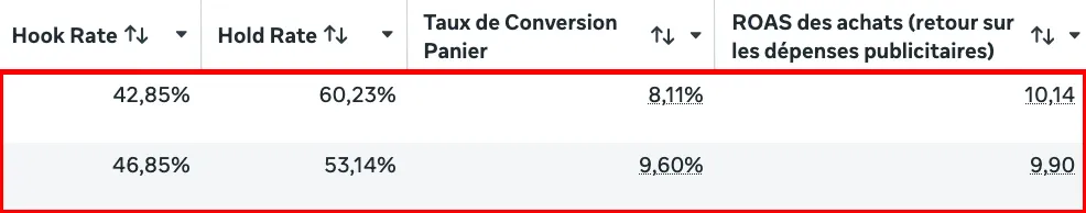 Compte publicitaire Le Feu du Lac : Hook Rate de 42,85 % et 46,85 %, Hold Rate de 60,23 % et 53,14 %, taux de conversion panier de 8,11 % et 9,60 %, ROAS des achats de 10,14 et 9,90
