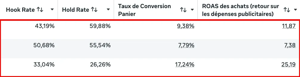 Compte publicitaire Le Feu du Lac : Hook Rate de 33,04 % à 50,68 %, Hold Rate jusqu'à 59,88 %, taux de conversion panier jusqu'à 17,24 %, ROAS des achats de 7,38 à 25,19
