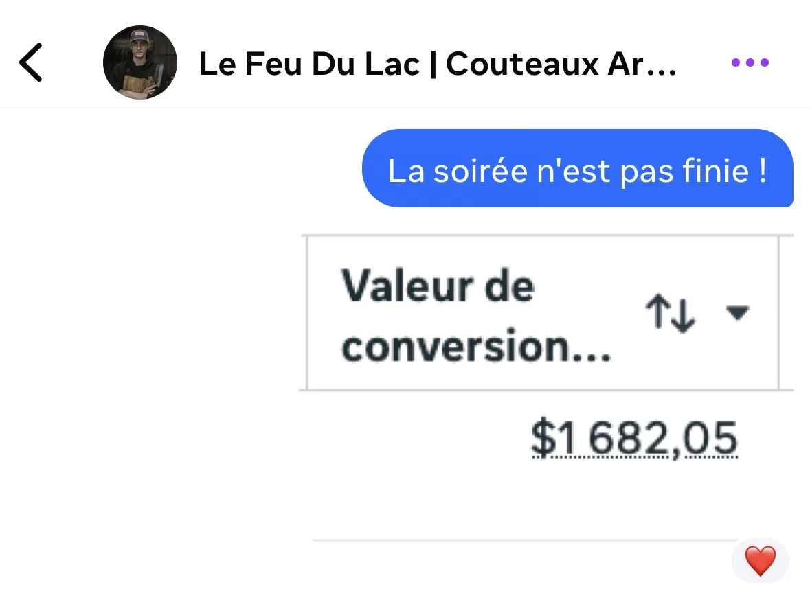 Conversation Messenger : capture d'une valeur de conversion de 1 682,05 $ envoyée avec « La soirée n'est pas finie ! »