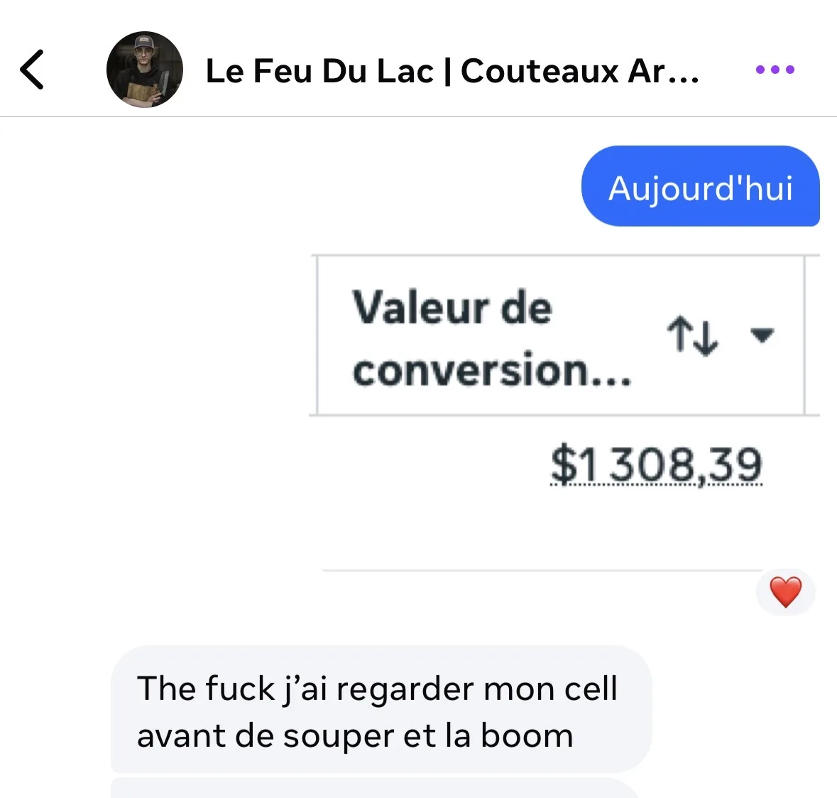 Conversation Messenger : valeur de conversion de 1 308,39 $ et réaction du client