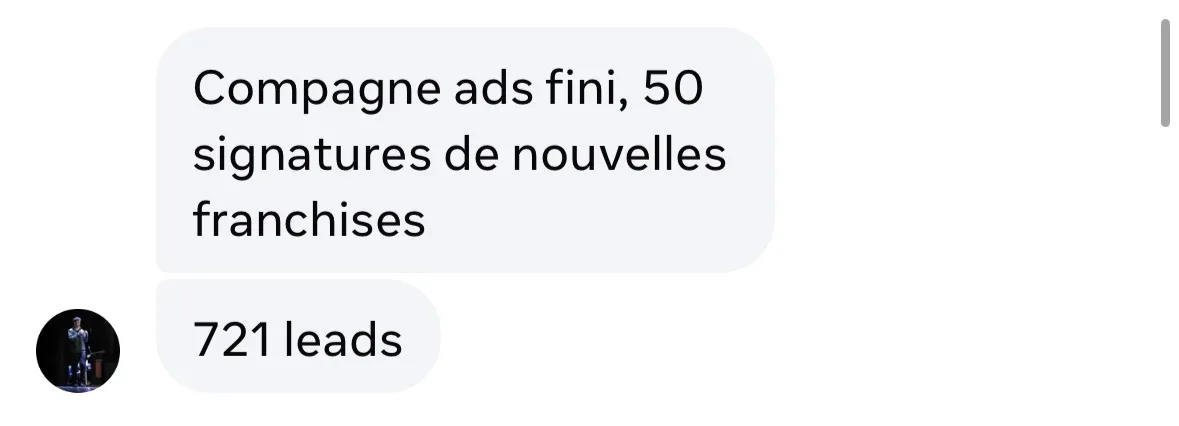 Message client : campagne terminée, 50 signatures de nouvelles franchises, 721 leads